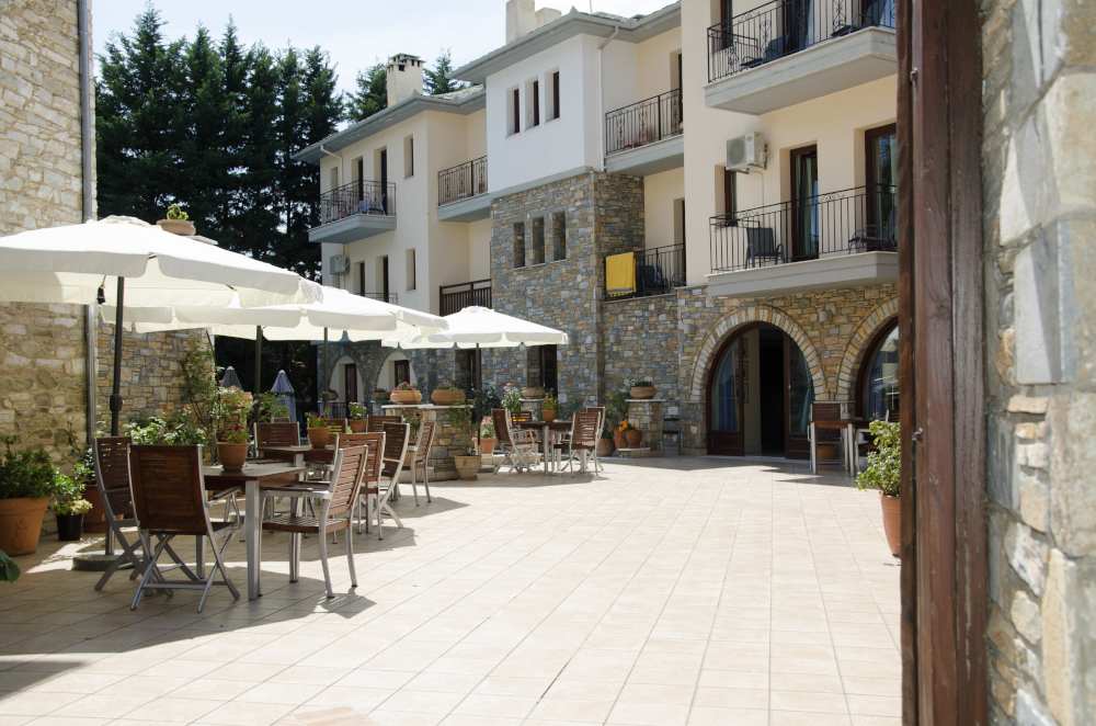 Open exterior area of hotel in portaria, greece