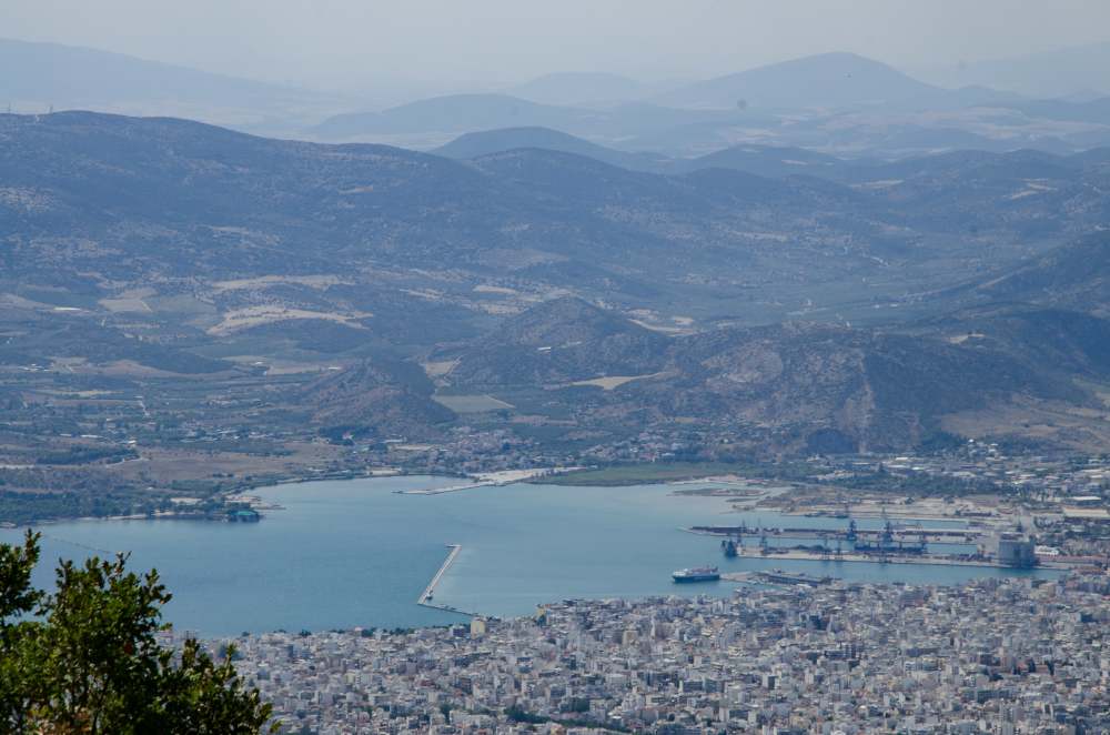 View of the city of Volos and port with mountains in the background