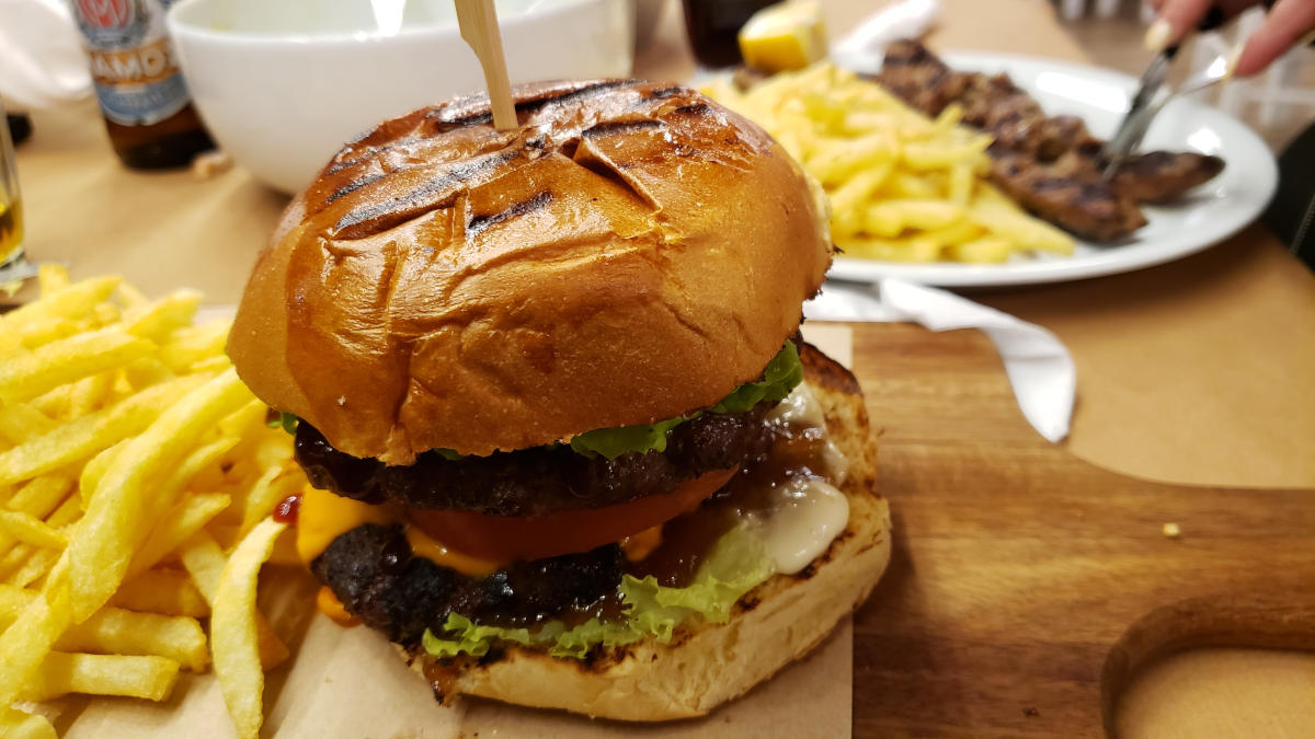 super burger and fries at steakhouse christos, lavrio